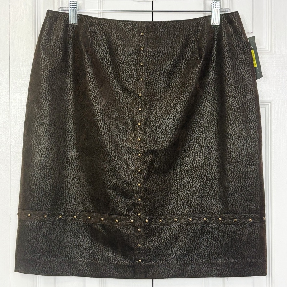 NWT Conrad C Collection Dark Brown Faux Leather Reptile Studded Skirt 12